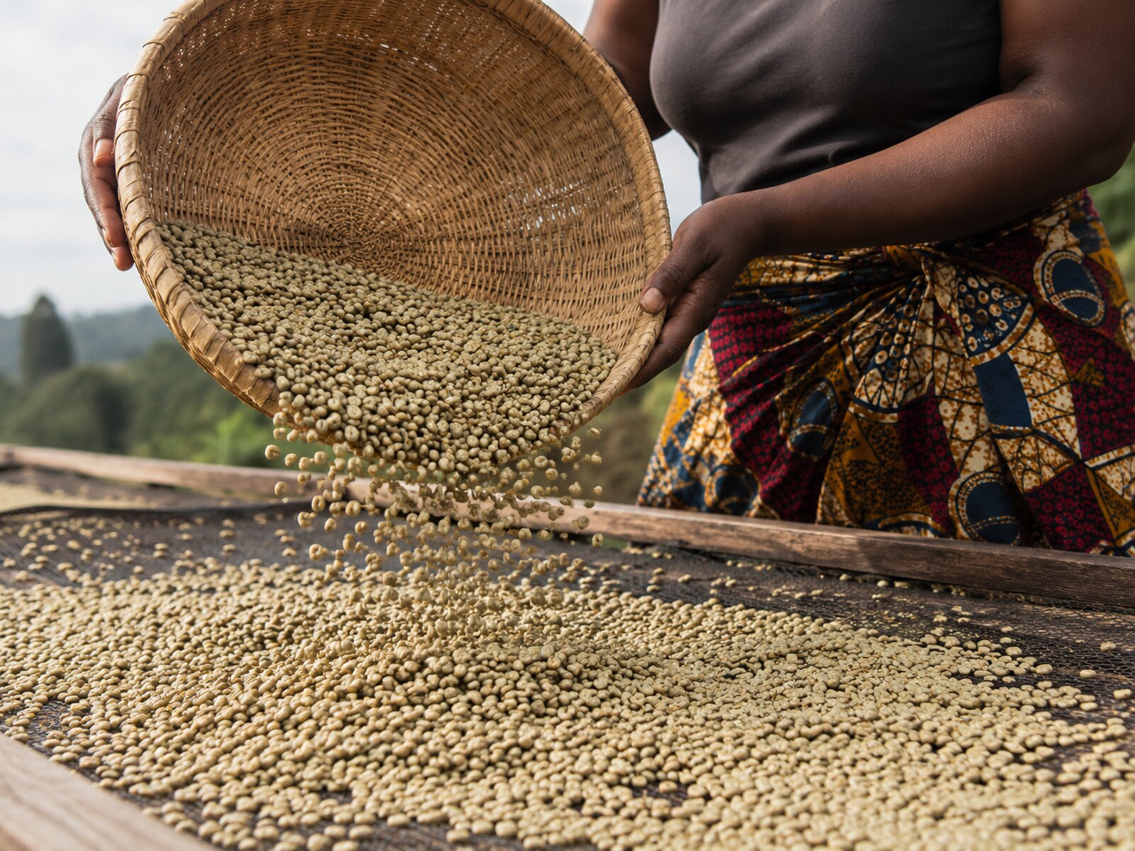 Woman pouring green coffee beans onto a drying table, Tanzania