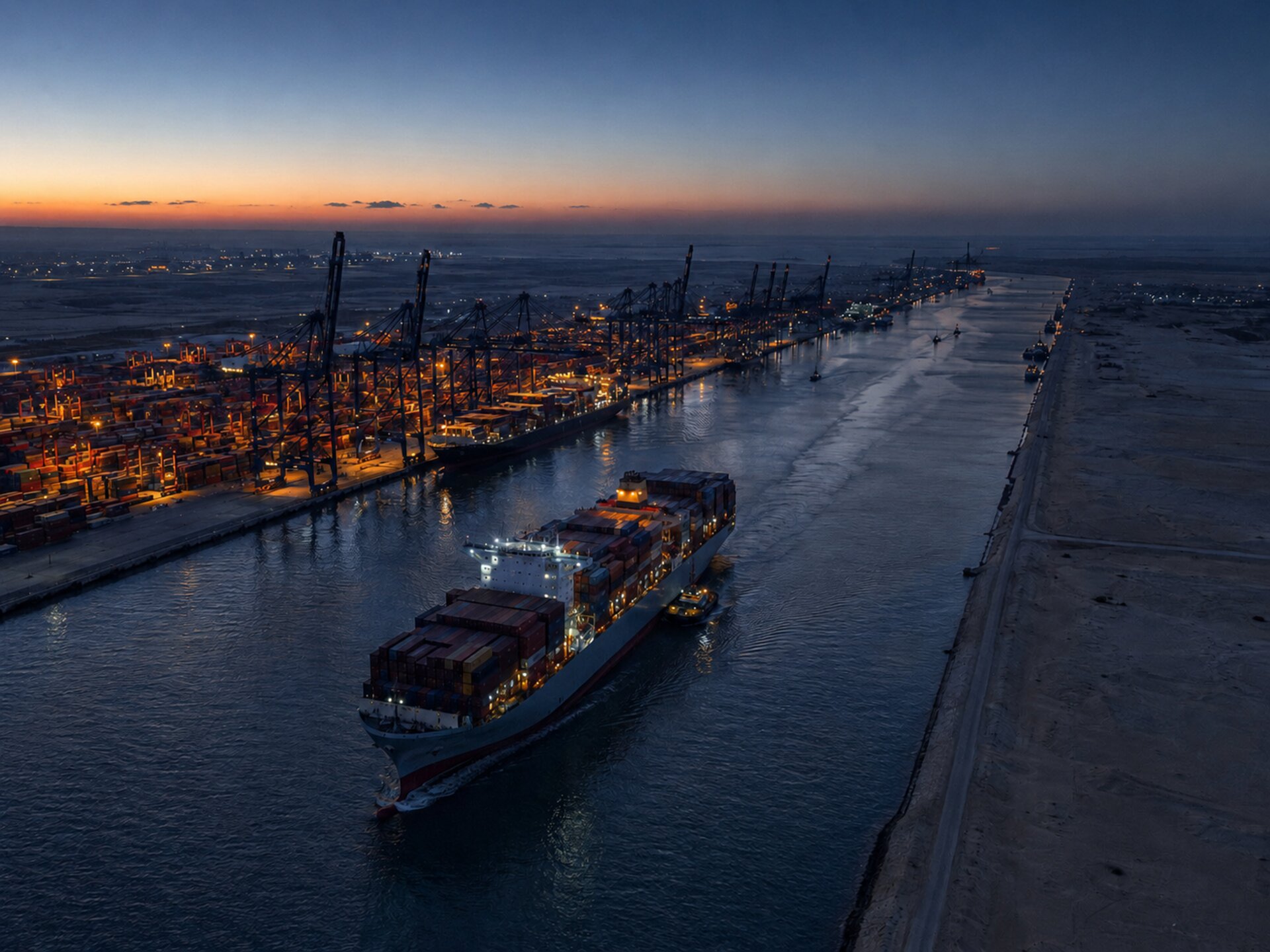Container ship transiting the Suez Canal, blue hour