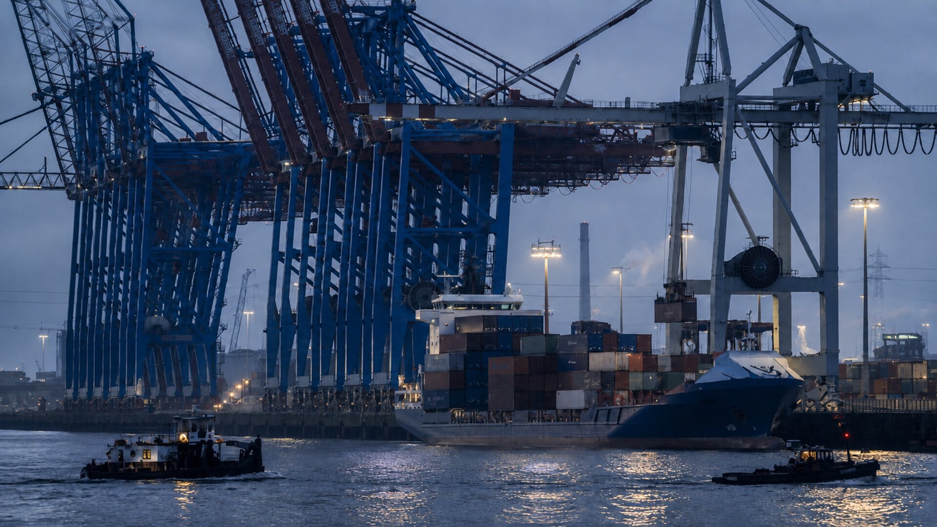 Container terminal at the Port of Hamburg, blue hour