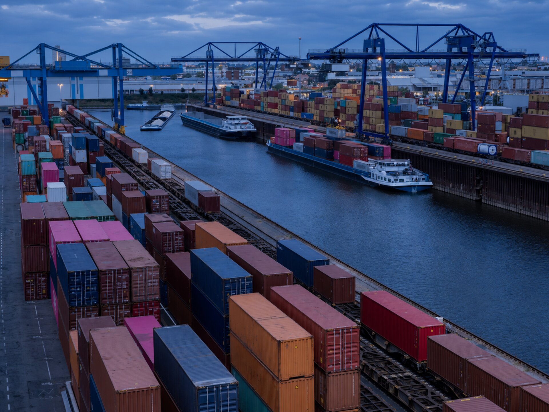 Inland container terminal on the Rhine at Neuss, blue hour