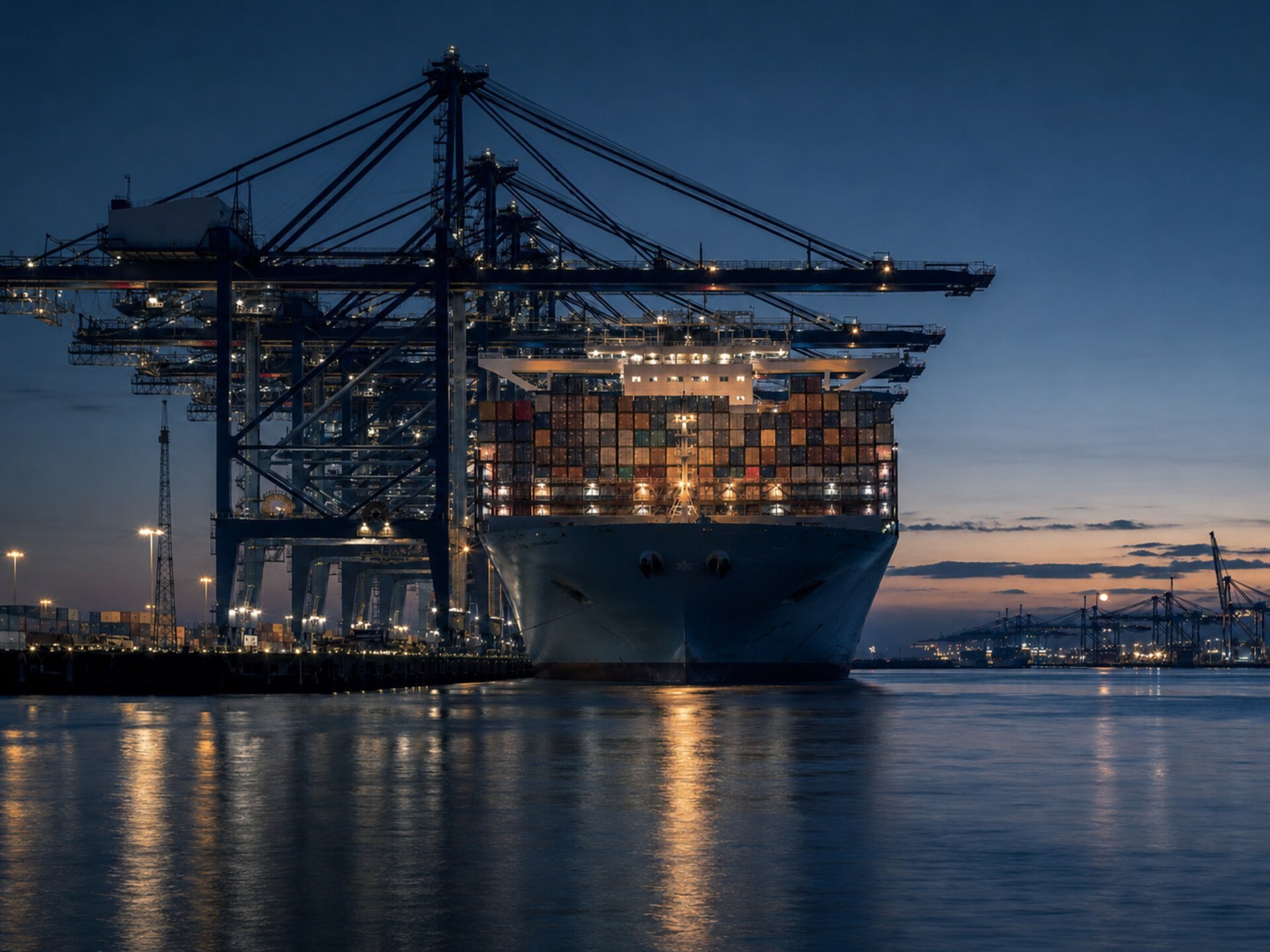 Container ship at the Port of Rotterdam, blue hour