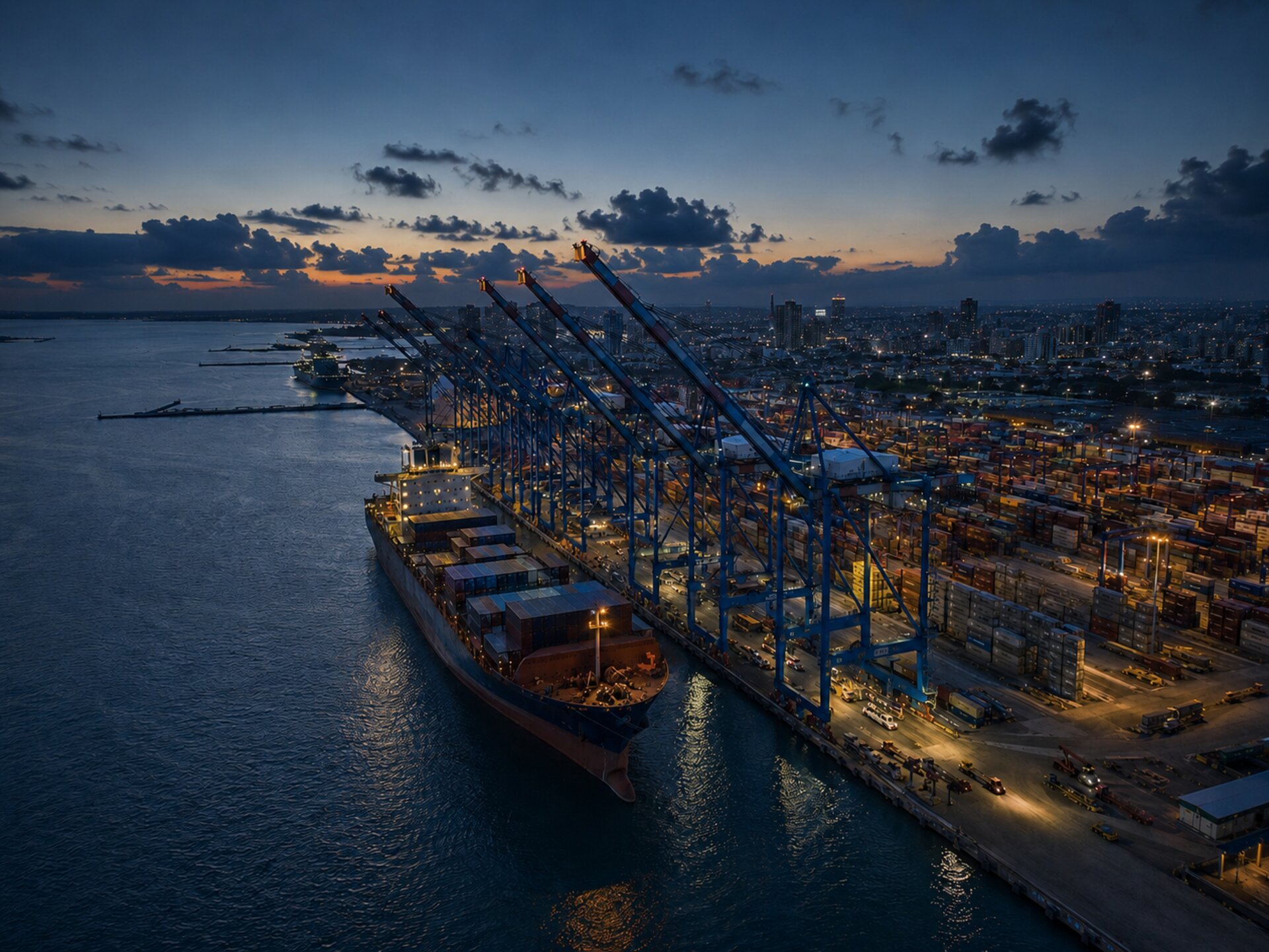 Container terminal at a Tanzanian port, blue hour